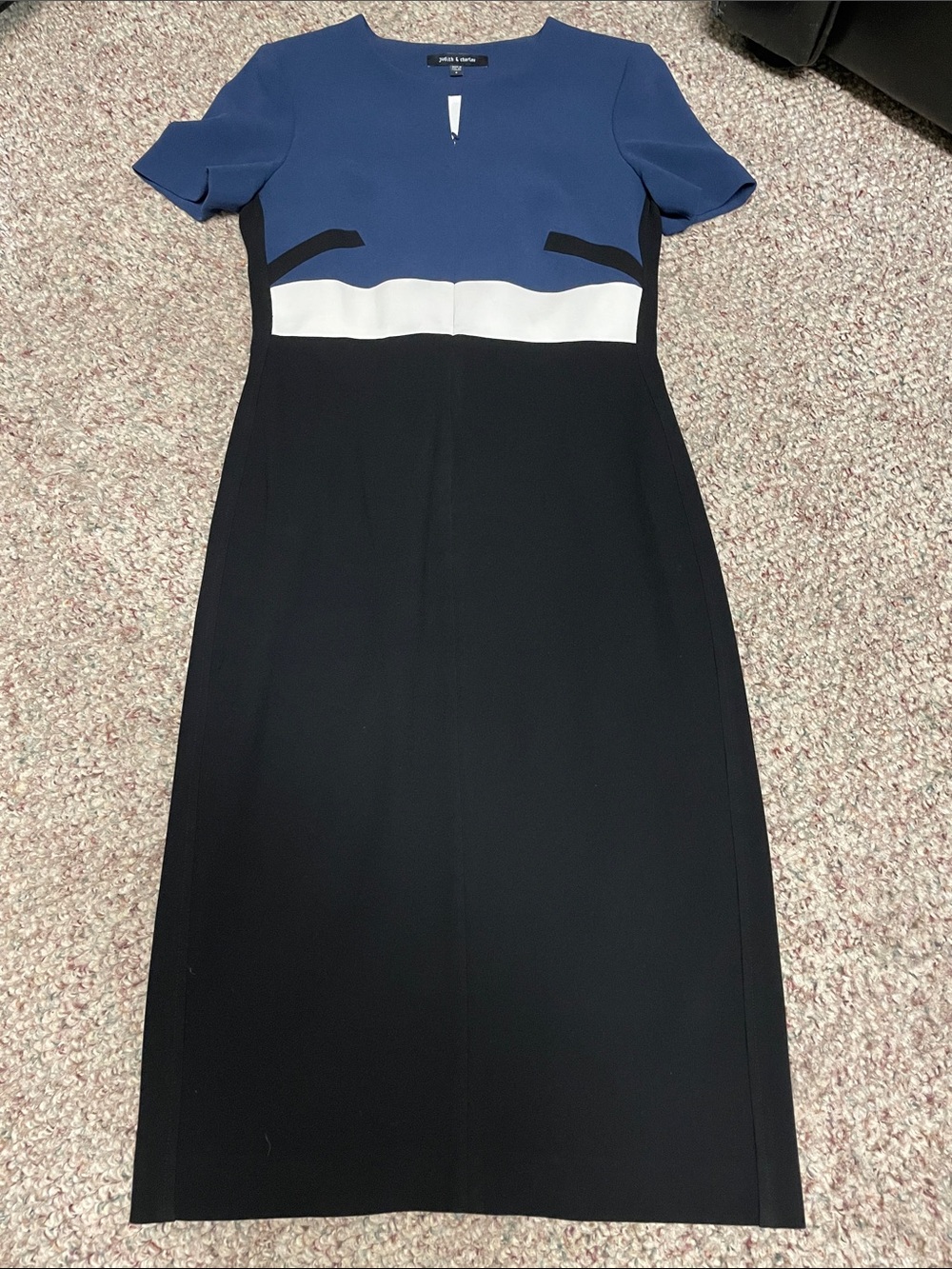 Judith & Charles Colorblock Midi Dress in Blue, Black & White with zipper front